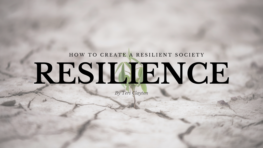 Title graphic "Resilience – how to create a resilient society" by Teri Clayton over cracked earth